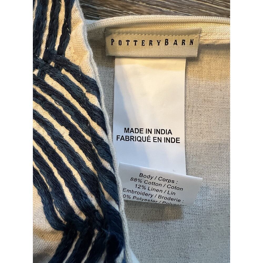 NWT POTTERY BARN Embroidered Linen Cotton Pillow Cover Beige Blue 18x18 - Picture 6 of 7